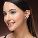 Rhodium Plated Silver Toned Floral Shaped Green & White American Diamond Studded Stud Earrings