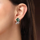 Rhodium Plated Silver Toned Floral Shaped Green & White American Diamond Studded Stud Earrings