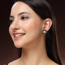 Rhodium Plated Silver Toned Floral Shaped Blue & White American Diamond & Pearl Studded Stud Earrings