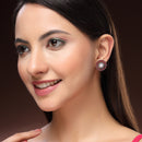 Rhodium Plated Silver Toned Floral Shaped Red & White American Diamond & Pearl Studded Stud Earrings