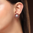 Rhodium Plated Silver Toned Floral Shaped Red & White American Diamond & Pearl Studded Stud Earrings