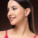 Rhodium Plated Silver Toned Triangle Shaped Pink And White American Diamond Studded Hoop Earrings