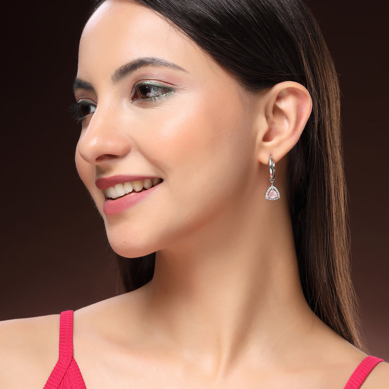 Rhodium Plated Silver Toned Triangle Shaped Pink And White American Diamond Studded Hoop Earrings