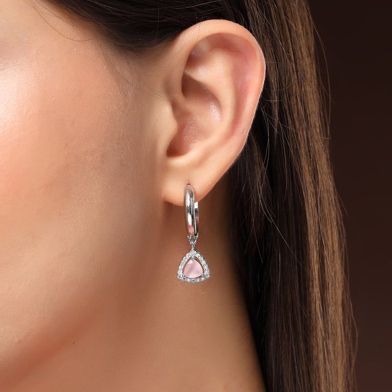 Rhodium Plated Silver Toned Triangle Shaped Pink And White American Diamond Studded Hoop Earrings