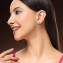 Rhodium Plated Silver Toned Floral Shaped Pink & White American Diamond Studded Drop Earrings