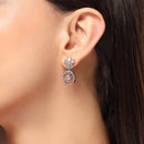 Rhodium Plated Silver Toned Floral Shaped Pink & White American Diamond Studded Drop Earrings