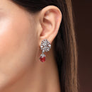 Rhodium Plated Silver Toned Leaf Shaped Red & White American Diamond Studded Drop Earrings