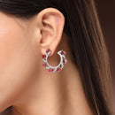 Rhodium Plated Silver Toned Red & White American Diamond Embellished Earrings