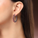 Rhodium Plated Silver Toned Red American Diamond Embellished Hoop Earrings