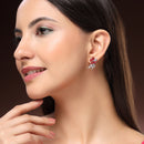 Rhodium Plated Silver Toned Floral Shaped Red & White American Diamond Studded Stud Earrings