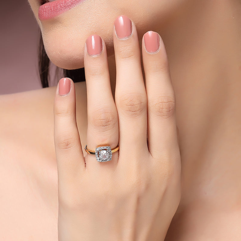 Gold Plated Square Shaped White American Diamond Studded Adjustable Ring