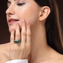 Rhodium Plated Silver Toned Green American Diamond Studded Adjustable Ring