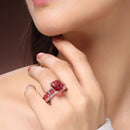 Rhodium Plated Silver Toned Red American Diamond Studded Adjustable Ring