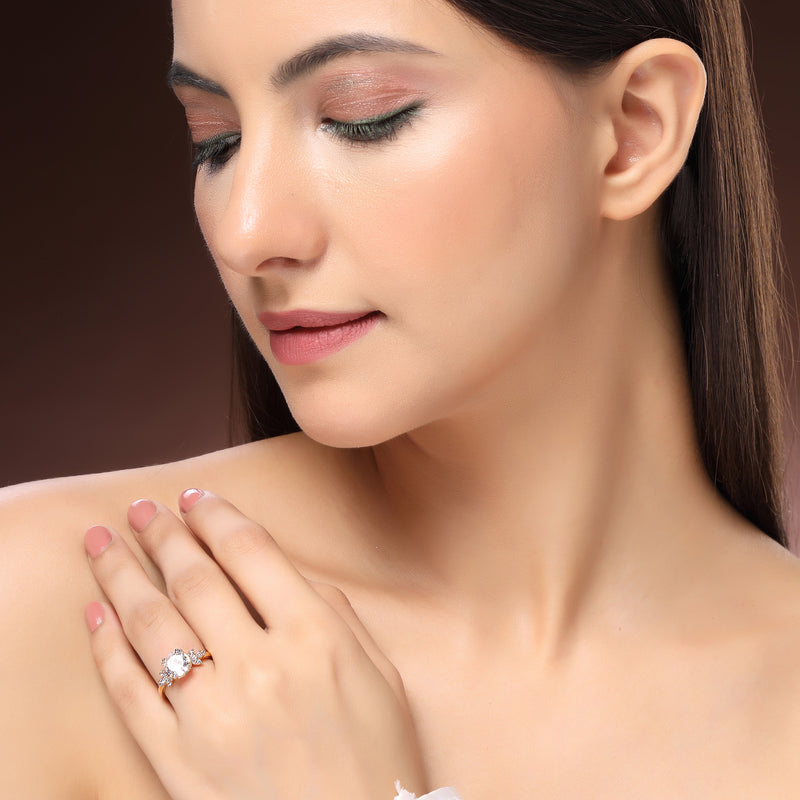 Gold Plated Stylish Sleek White American Diamond Studded Adjustable Ring