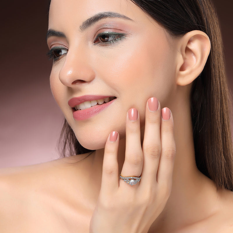 Gold Plated Gold Toned White American Diamond Studded Sparkling Adjustable Ring