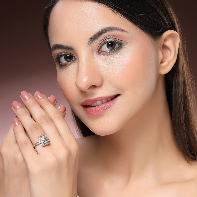 Gold Plated Square Shaped White American Diamond Studded Adjustable Ring