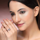 Rhodium Plated Silver Toned Square Shaped White American Diamond Studded Adjustable Ring