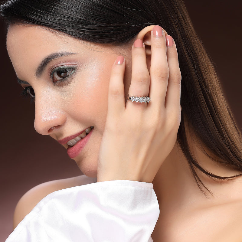 Rhodium Plated Silver Toned  White American Diamond Studded Adjustable Ring