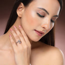 Rhodium Plated Silver Toned Dual White American Diamond Studded Adjustable Ring