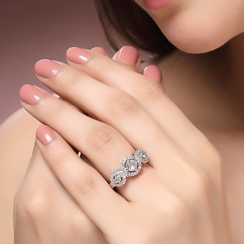 Rhodium Plated Silver Toned Three White American Diamond Studded Adjustable Ring