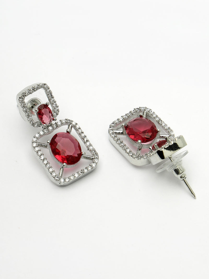 Rhodium Plated with Red American Diamond Stylish Square Shaped Small Drop Earrings