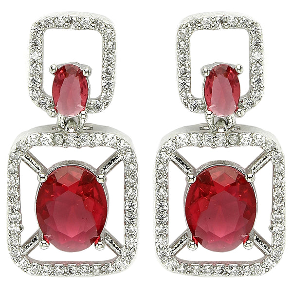 Rhodium Plated with Red American Diamond Stylish Square Shaped Small Drop Earrings