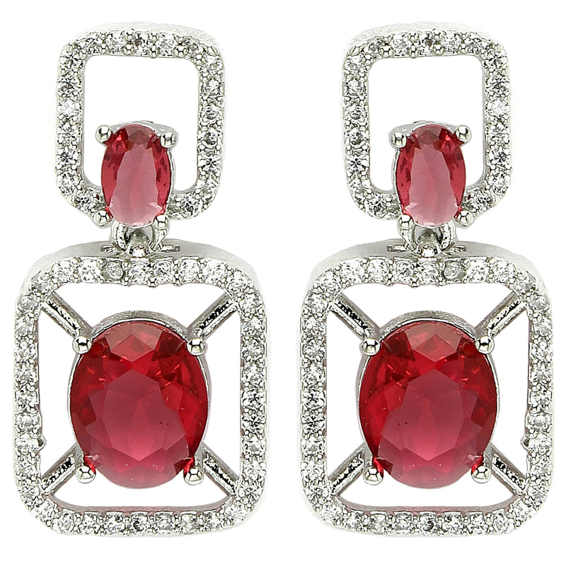 Rhodium Plated with Red American Diamond Stylish Square Shaped Small Drop Earrings