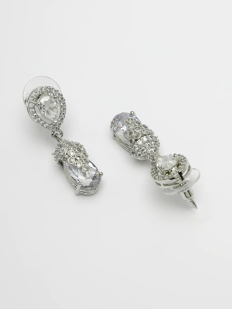 Rhodium Plated Silver Toned with White American Diamond Small Drop Earrings