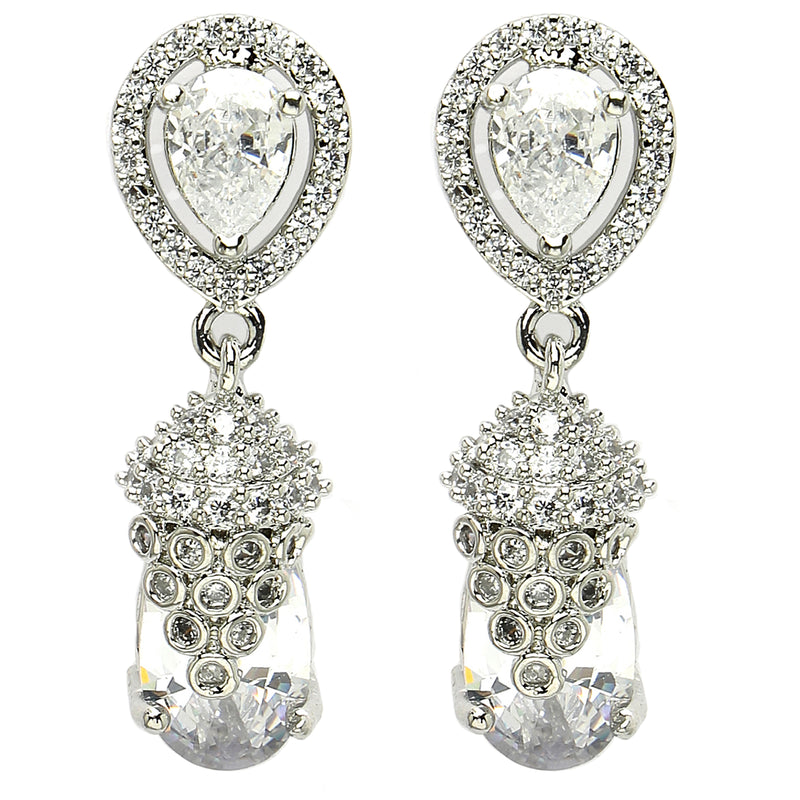 Rhodium Plated Silver Toned with White American Diamond Small Drop Earrings