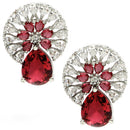 Rhodium Plated with Red & White American Diamonds Circular Shaped Stud Earrings