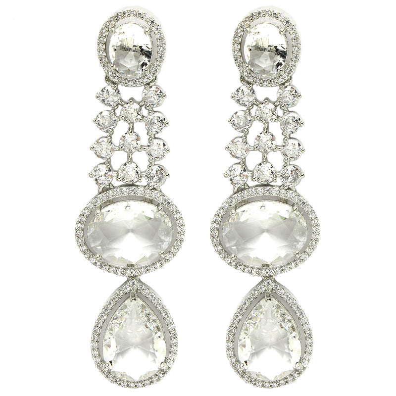 Rhodium Plated with Long Tear Drop Design White American Diamond Drop Earrings