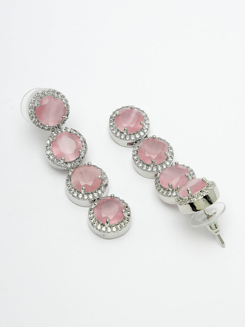 Rhodium Plated Silver Toned with Pink American Diamonds Dangler earrings