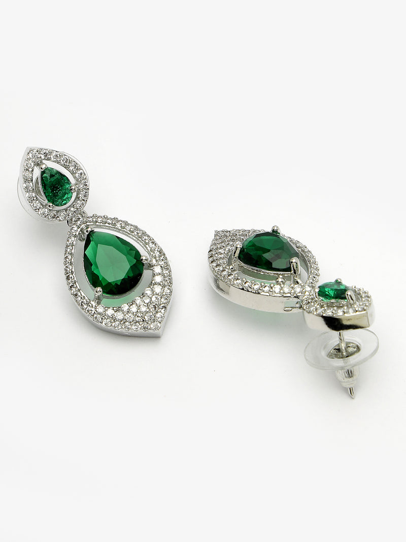 Rhodium Plated with Green American Diamond Dual Teardrop Design Drop Earrings