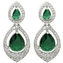 Rhodium Plated with Green American Diamond Dual Teardrop Design Drop Earrings