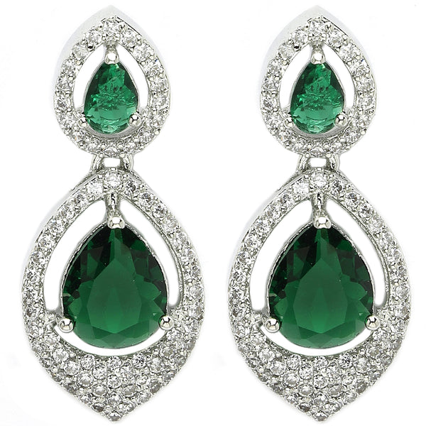 Rhodium Plated with Green American Diamond Dual Teardrop Design Drop Earrings