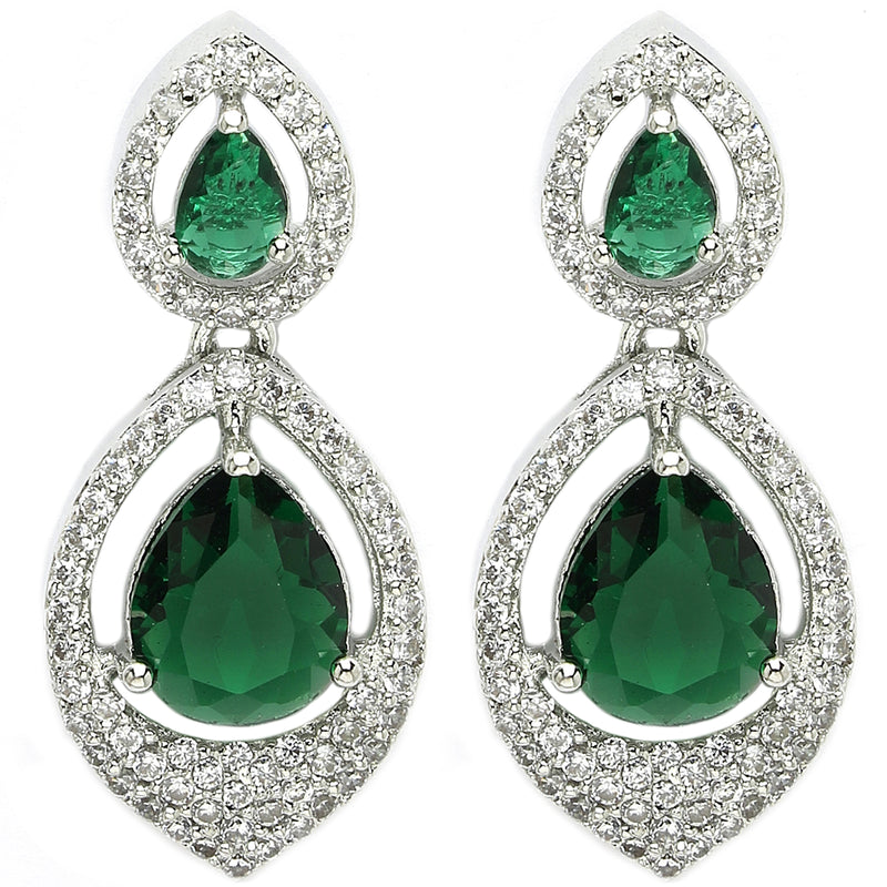 Rhodium Plated with Green American Diamond Dual Teardrop Design Drop Earrings