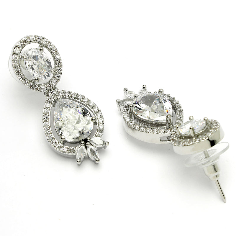 Rhodium Plated with White American Diamond Small Drop Earrings