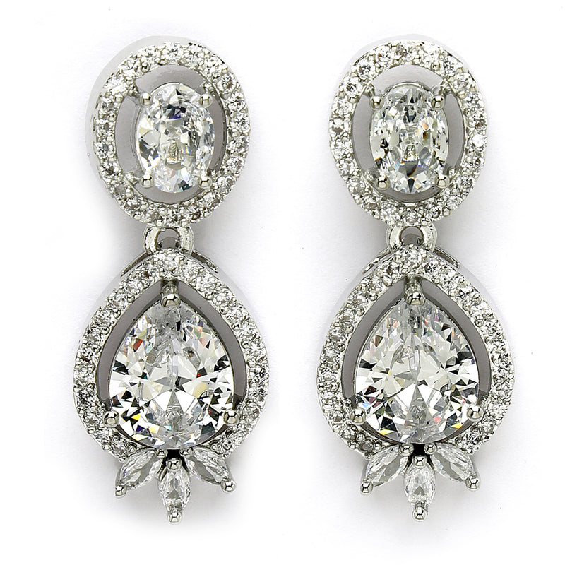 Rhodium Plated with White American Diamond Small Drop Earrings