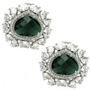Rhodium Plated Round Floral Design with Green & White American Diamond Stud Earrings