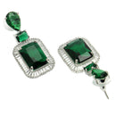 Rhodium Plated Rectangular Shape Green American Diamond Contemporary Long Drop Earrings