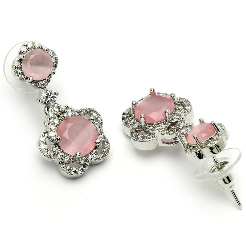 Rhodium Plated with Dual Pink American Diamonds Drop Earrings