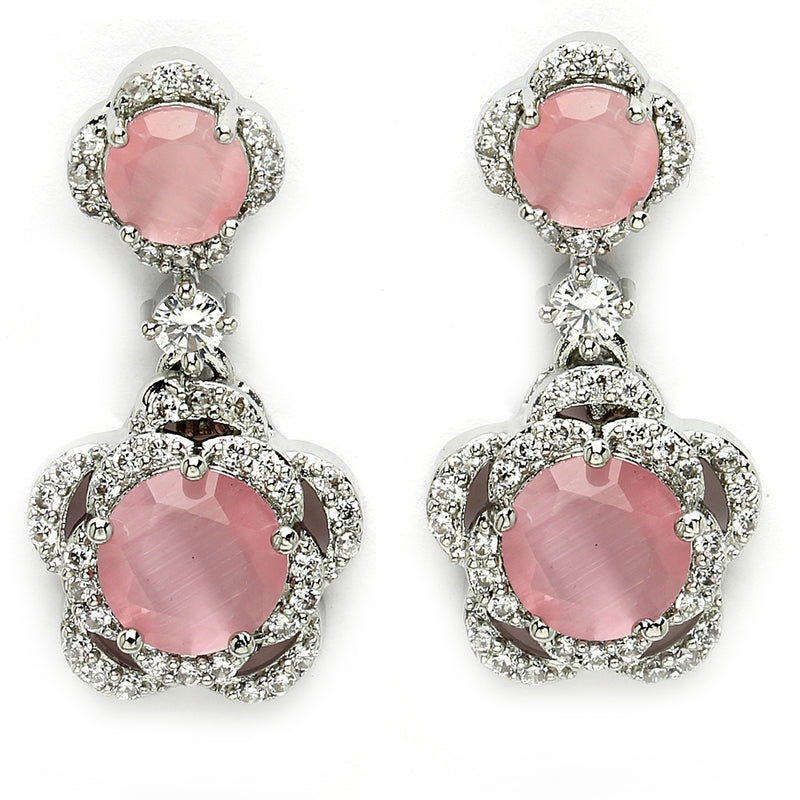 Rhodium Plated with Dual Pink American Diamonds Drop Earrings