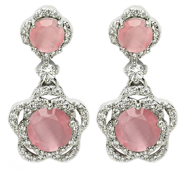 Rhodium Plated with Dual Pink American Diamonds Drop Earrings