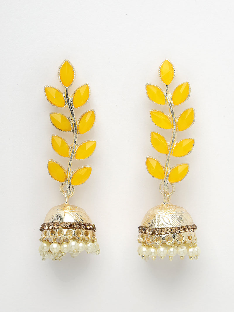 Gold Plated with Leaf Shaped American Diamond Studded Drop Earrings