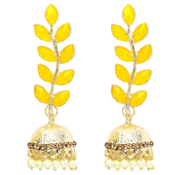 Gold Plated with Leaf Shaped American Diamond Studded Drop Earrings