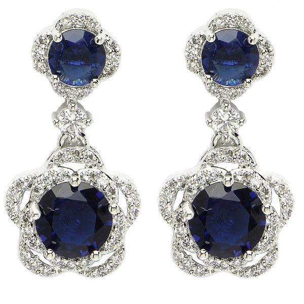 Rhodium Plated with Dual Blue American Diamonds Drop Earrings