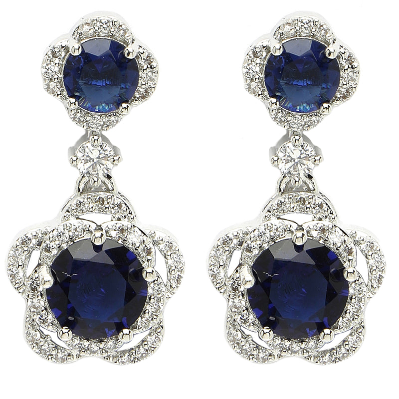 Rhodium Plated with Dual Blue American Diamonds Drop Earrings