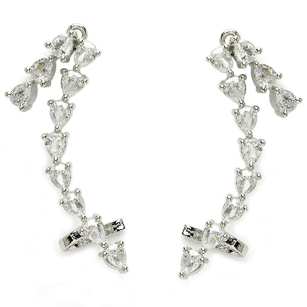 Rhodium Plated Silver Toned Chic Teardrop Crystal American Diamond Studded Minimalist & Modern Ear Climbers