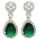 Rhodium Plated with Green & White American Diamond Circular & Teardrop Shaped Drop Earrings