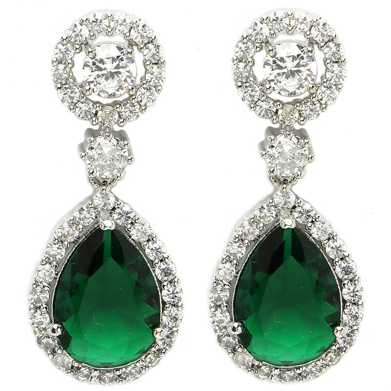 Rhodium Plated with Green & White American Diamond Circular & Teardrop Shaped Drop Earrings